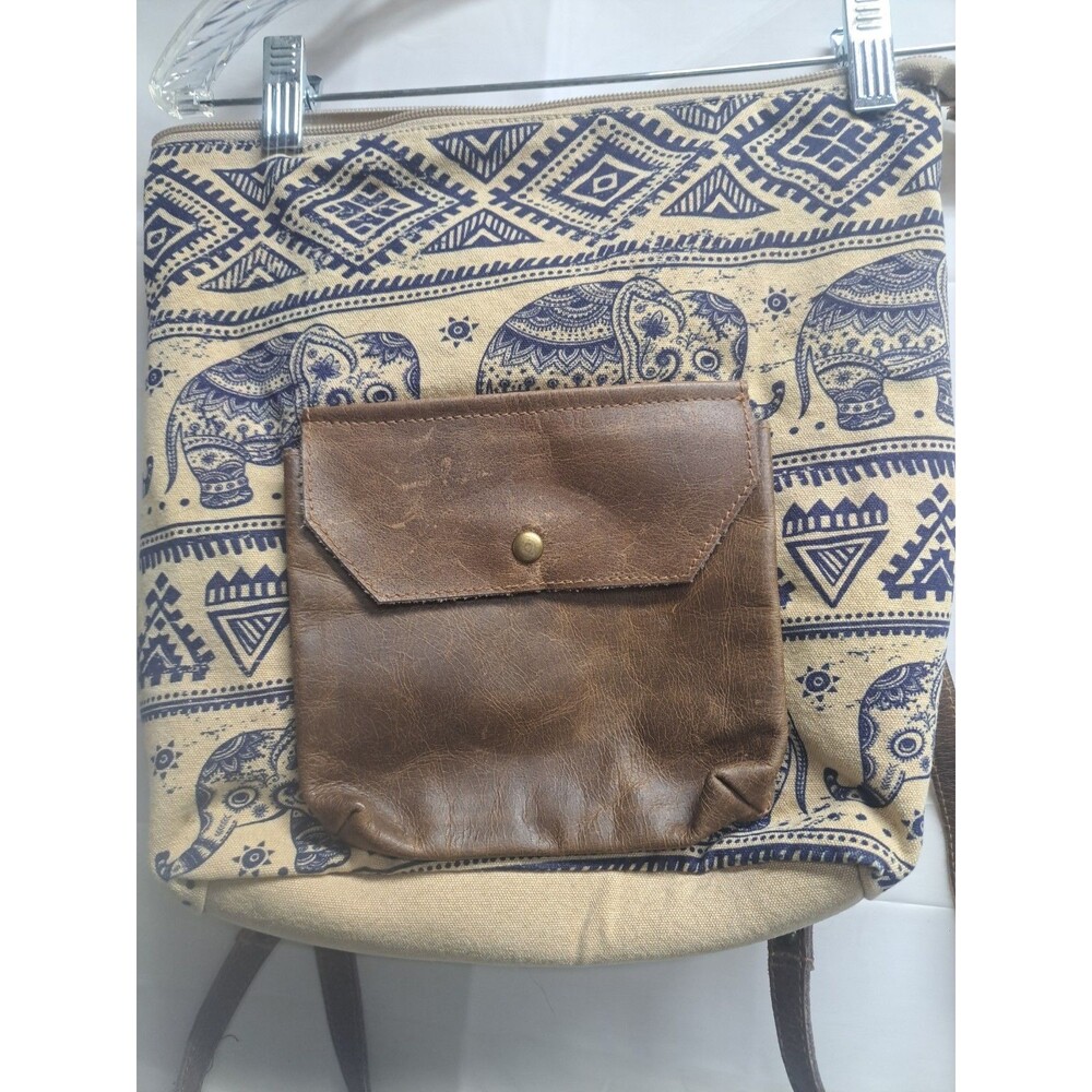 Boho Linen And Leather Beige Backpack/ Crossbody Purse With Blue Elephant And...